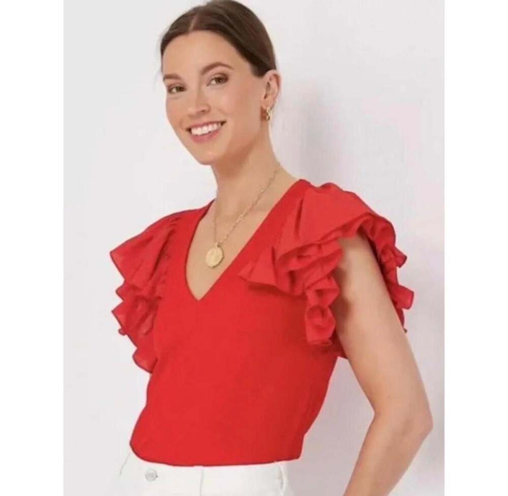 Pomander Place Tuckernuck Bright Red Ruffle Ribbed Blouse Top Size M